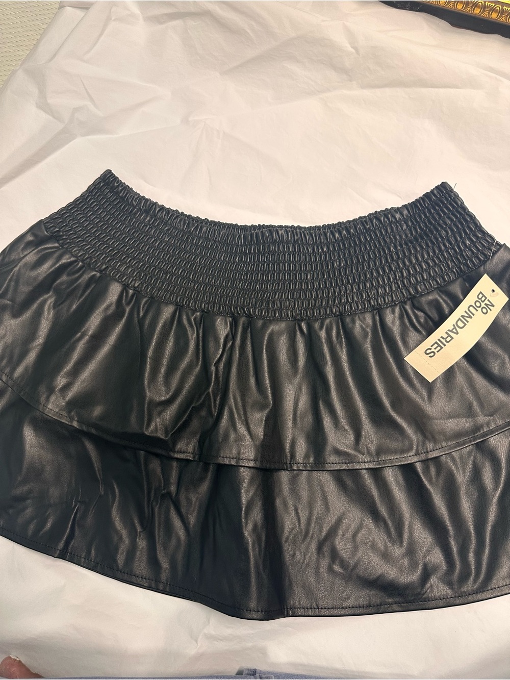 No Boundaries Black Faux Leather Tiered Mini Skirt with Smocked Waist - Picture 1 of 10